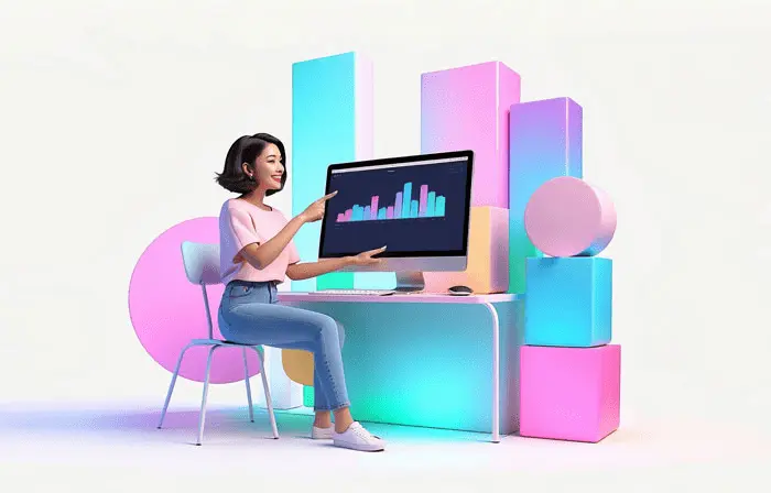 Girl Analyzing Stock Market at Computer 3D Character Design Illustration